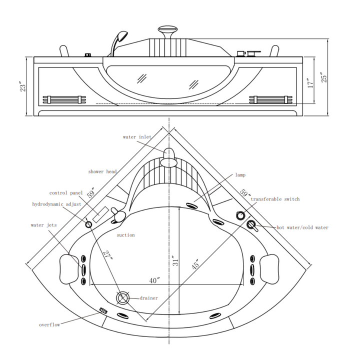 Empava 59" Corner Whirlpool Thermostatic LED Tub with Left Drain | EMPV-59JT319LED