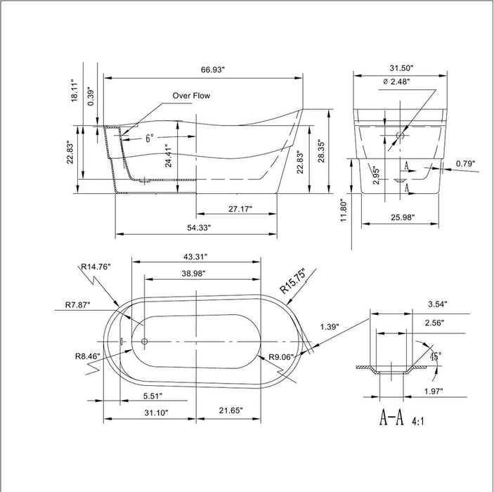 Empava 67" Freestanding Soaking Tub with Left Drain | EMPV-67FT1527