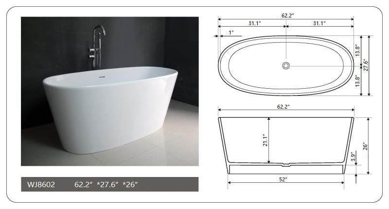 LEGION FURNITURE 62.2" | Matte White Solid Surface Bathtub (WJ8602)