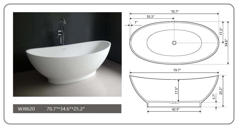 LEGION FURNITURE 70.7" | Matte White Solid Surface Bathtub (WJ8620)