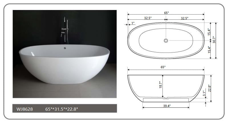 LEGION FURNITURE 65" | Matte White Solid Surface Bathtub (WJ8628)
