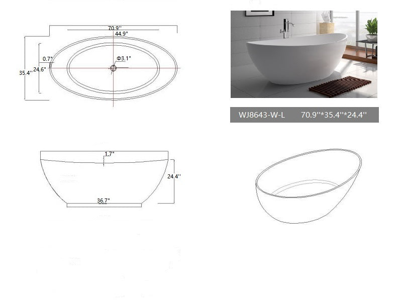 LEGION FURNITURE 71" | Matte White Solid Surface Bathtub (WJ8643)